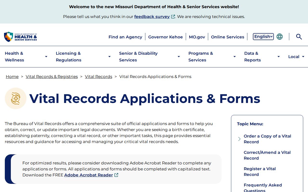 Missouri DHSS vital records applications and forms page