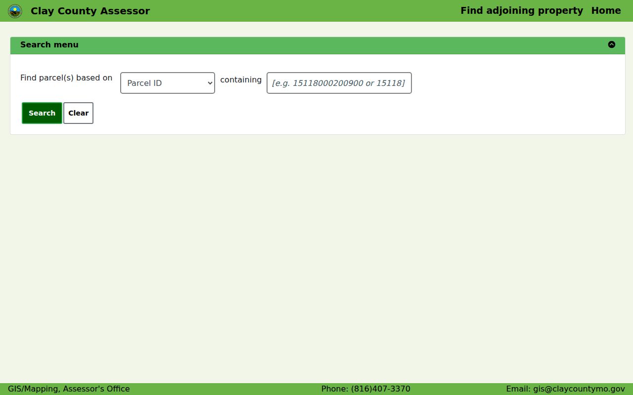 Kansas City street directory address controls in the Clay County assessor search