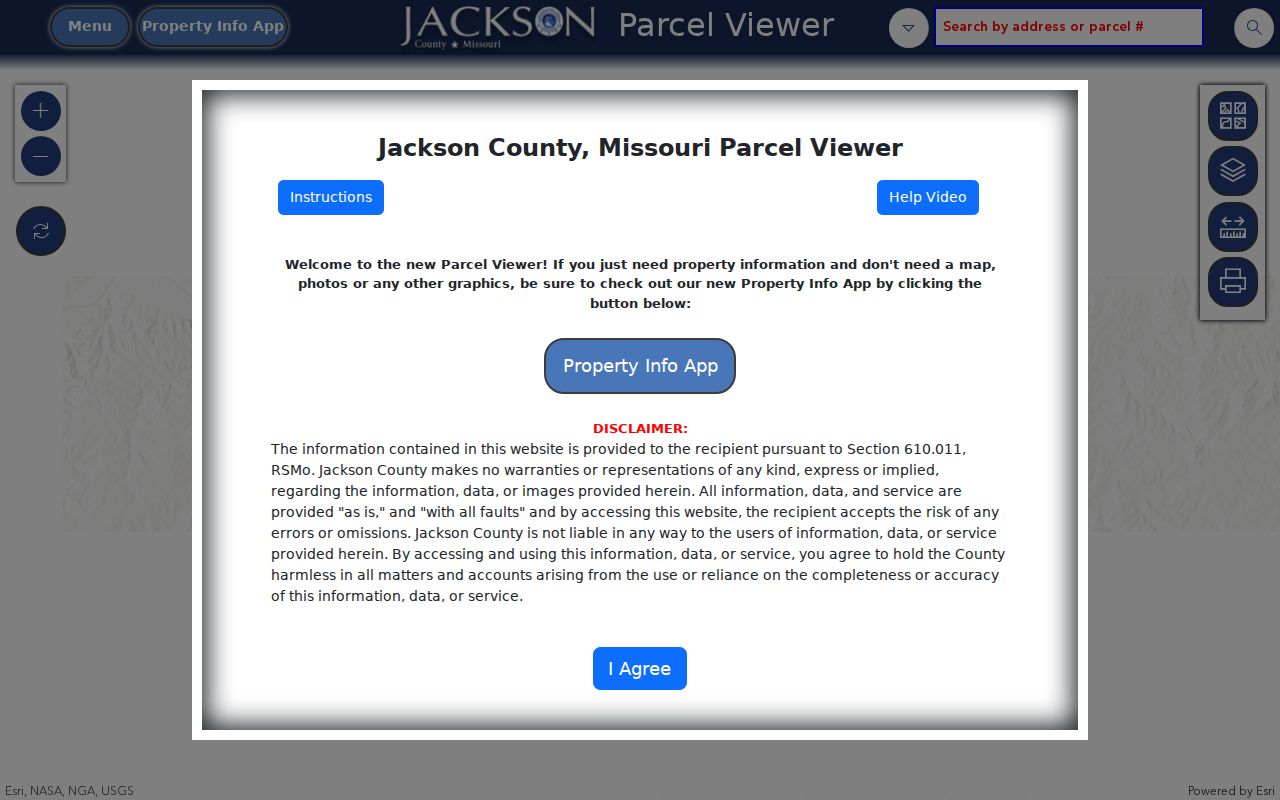 Kansas City street directory search in the Jackson County Parcel Viewer